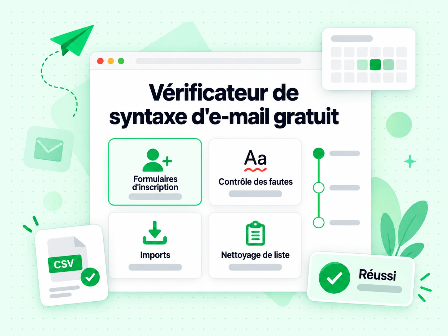 Vérificateur de syntaxe d'e-mail gratuit : interface avec Formulaires d'inscription, Contrôle des fautes, Imports