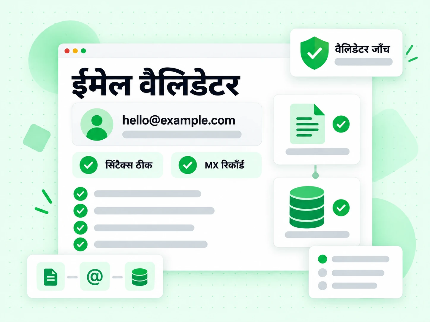 ईमेल वैलिडेटर एक ईमेल पते के पास सिंटैक्स ठीक और MX रिकॉर्ड जाँच दिखाता है