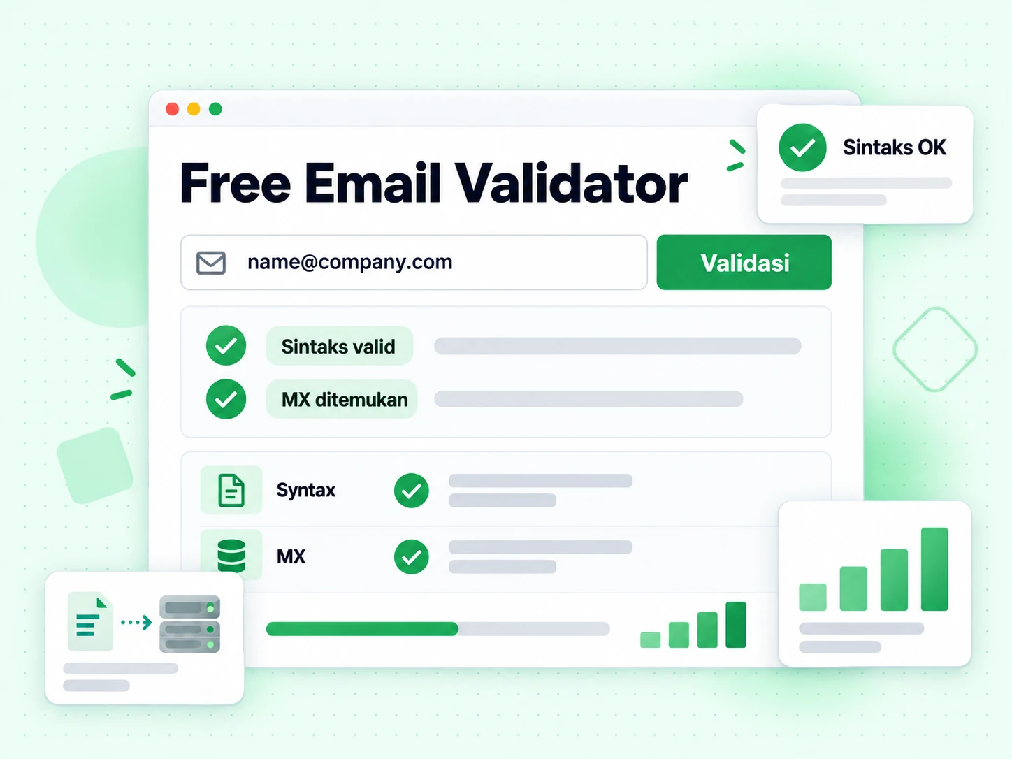 Free Email Validator: formulir dengan input email, tombol Validate, dan hasil sintaks valid