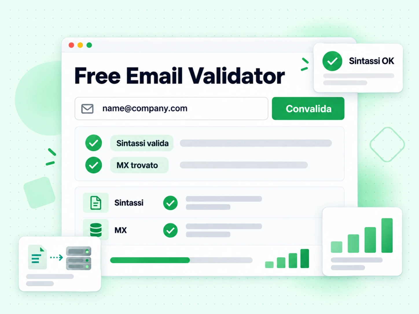 Free Email Validator con un'email inserita, il pulsante Convalida e il risultato Sintassi valida.