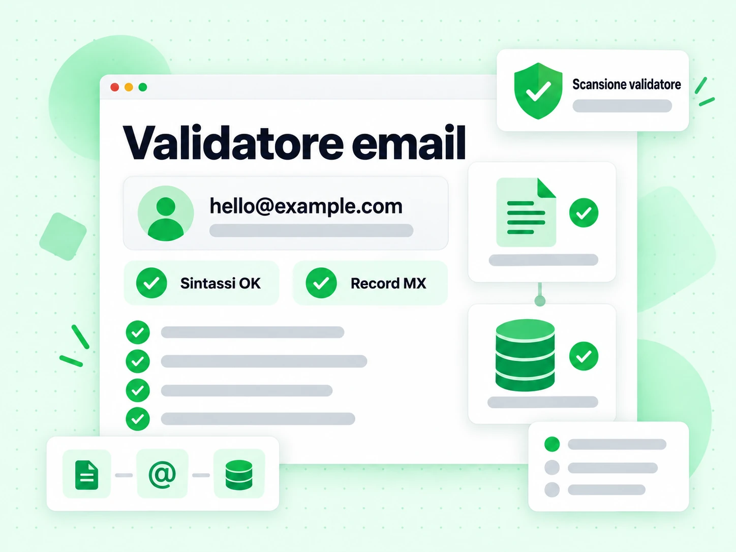 Validatore email: un indirizzo mostrato accanto ai controlli Sintassi OK e Record MX.