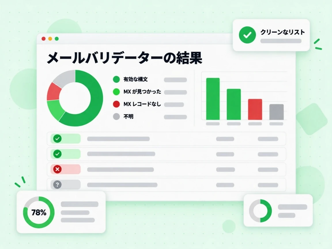 メールバリデーターの結果は有効な構文、MX が見つかった、MX レコードなし、不明を一覧し、クリーンなリストを添える