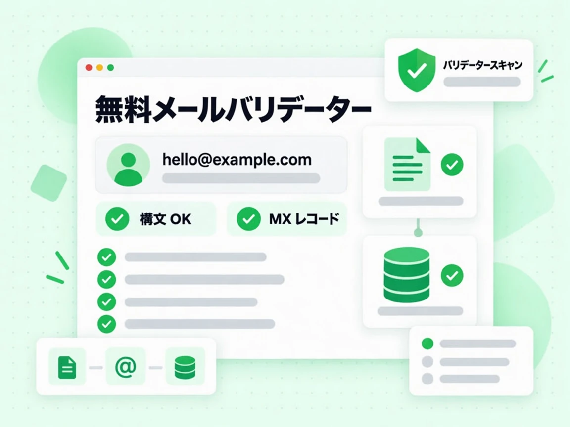 無料メールバリデーターは 1 件のメールアドレスに構文 OK と MX レコードの確認を添え、スキャンを実行する