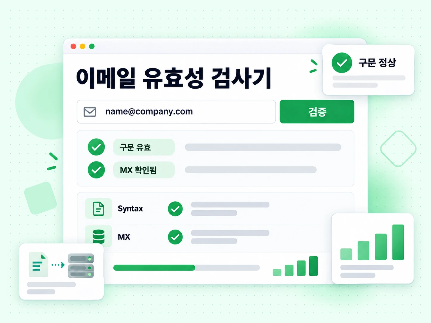 이메일 입력란과 검사 버튼, 구문 유효 결과를 보여주는 이메일 유효성 검사기 양식