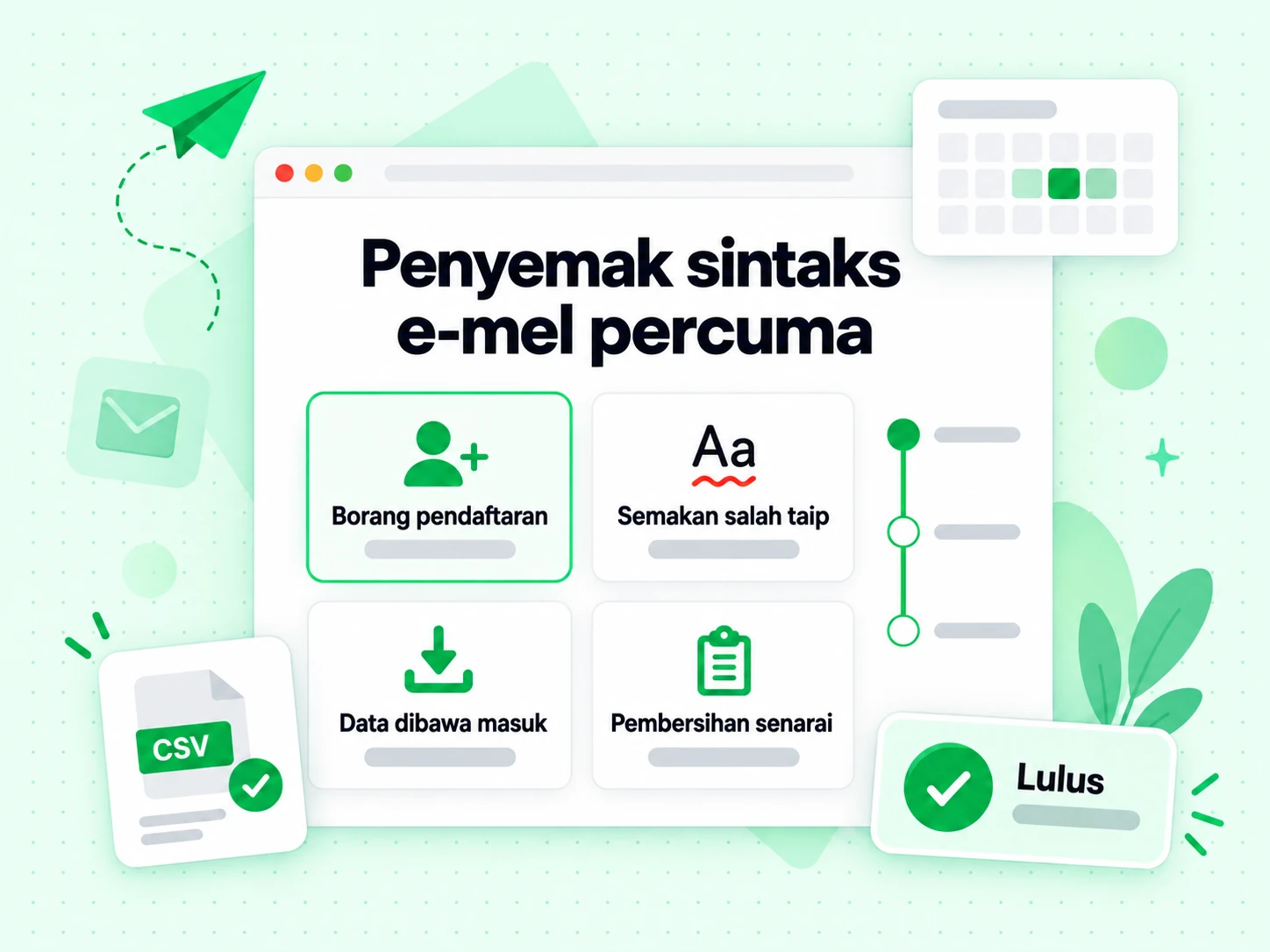 Penyemak sintaks e-mel percuma digunakan pada borang pendaftaran, semakan salah taip dan pembersihan senarai.