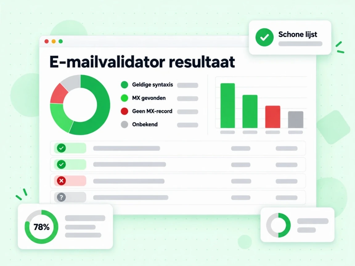 E-mailvalidator resultaat paneel met de statussen geldige syntaxis, MX gevonden, geen MX-record en onbekend