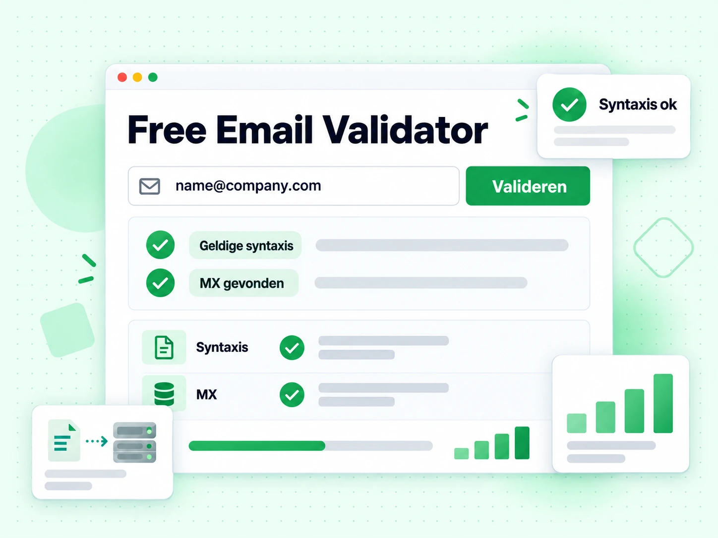 Free Email Validator formulier met een e-mailinvoer, een knop Valideren en een resultaat Geldige syntaxis
