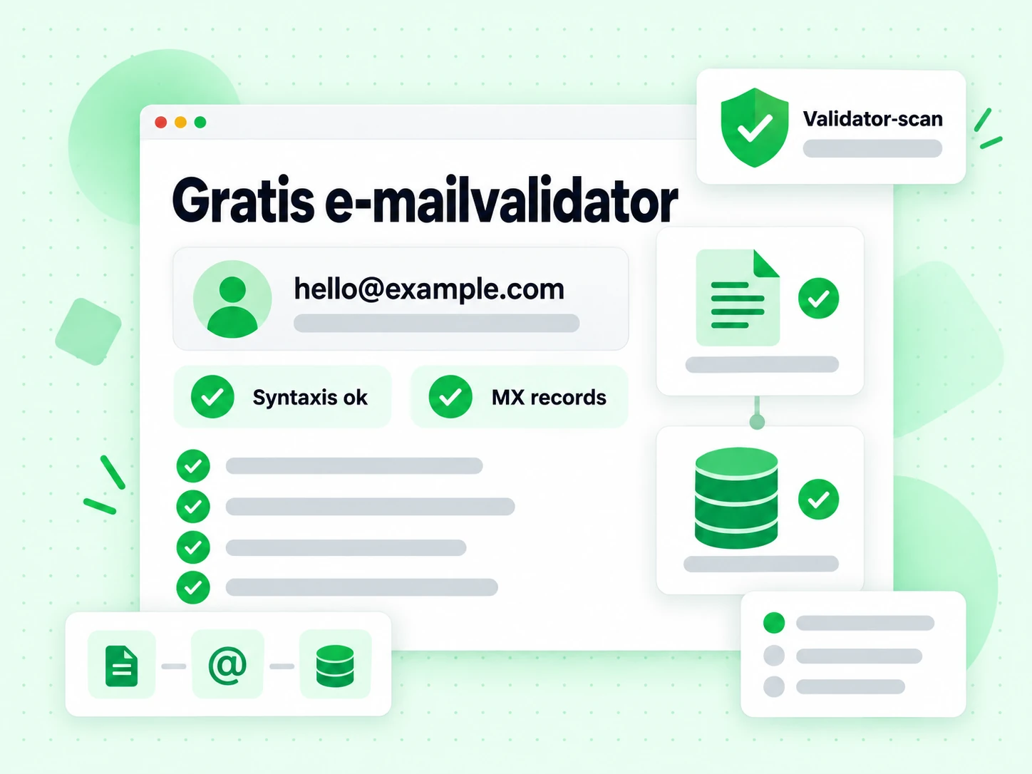 Gratis e-mailvalidator met één e-mailadres naast de controles Syntaxis ok en MX-records