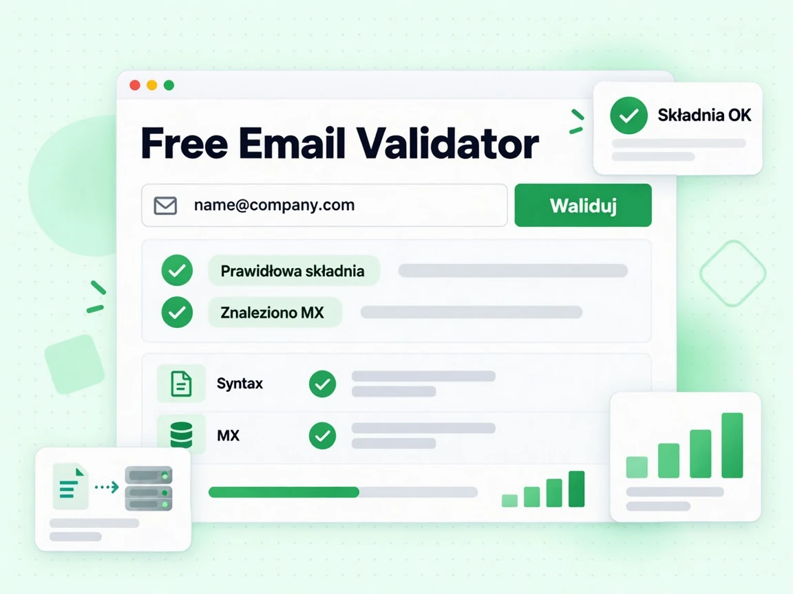Free Email Validator z polem e-mail, przyciskiem Waliduj i wynikiem Prawidłowa składnia