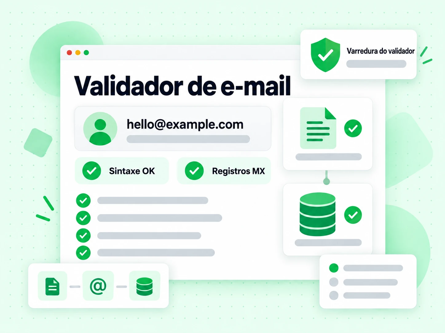 Validador de e-mail exibindo um endereço ao lado das verificações Sintaxe OK e Registros MX