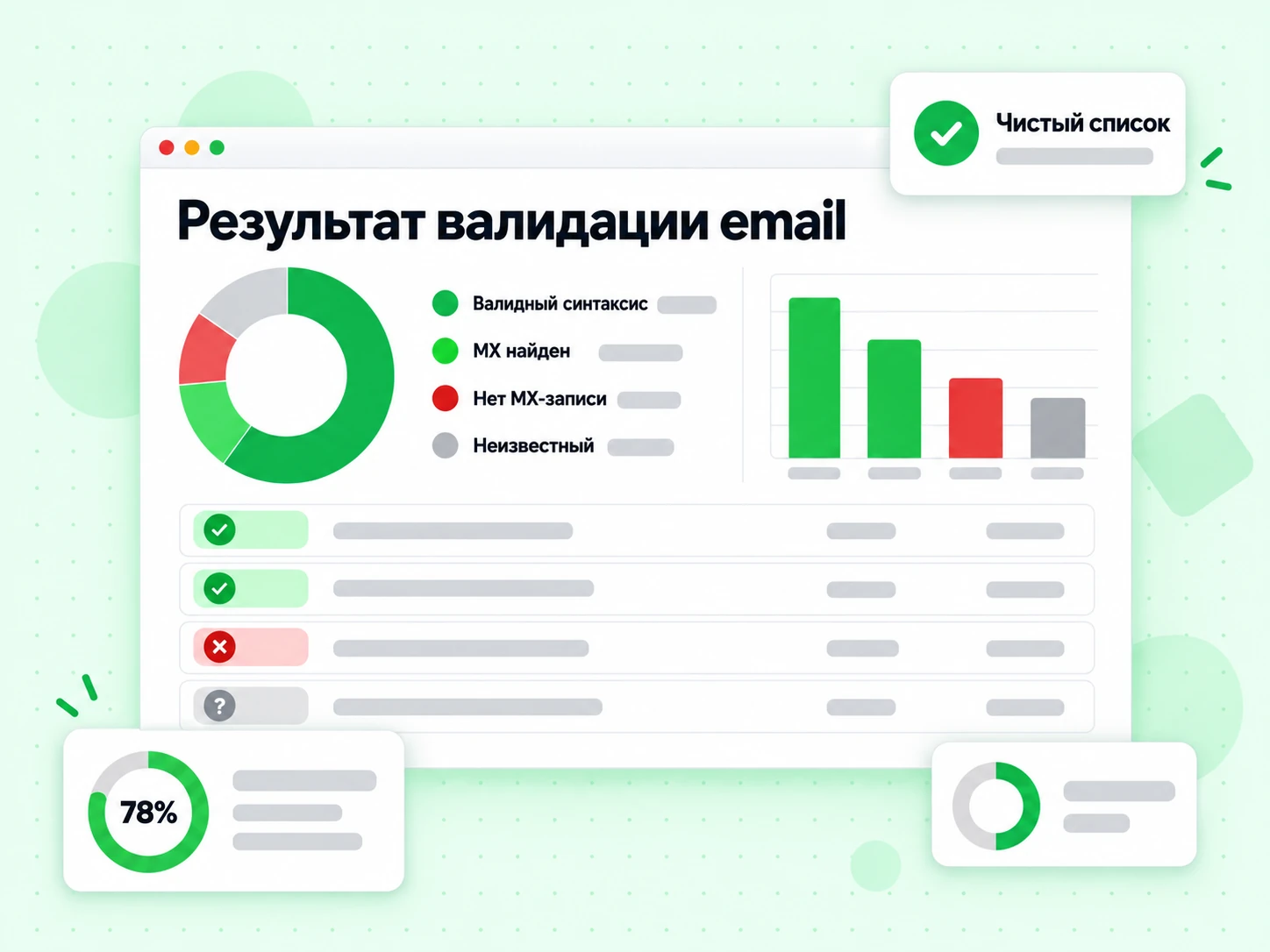 Результат валидации email: статусы valid syntax, MX found, no MX record и unknown