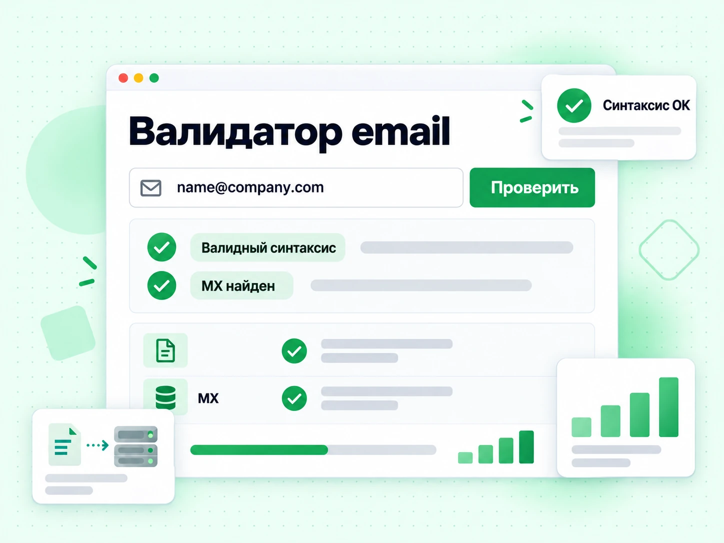 Валидатор email: форма с полем ввода, кнопкой Validate и результатом Valid syntax