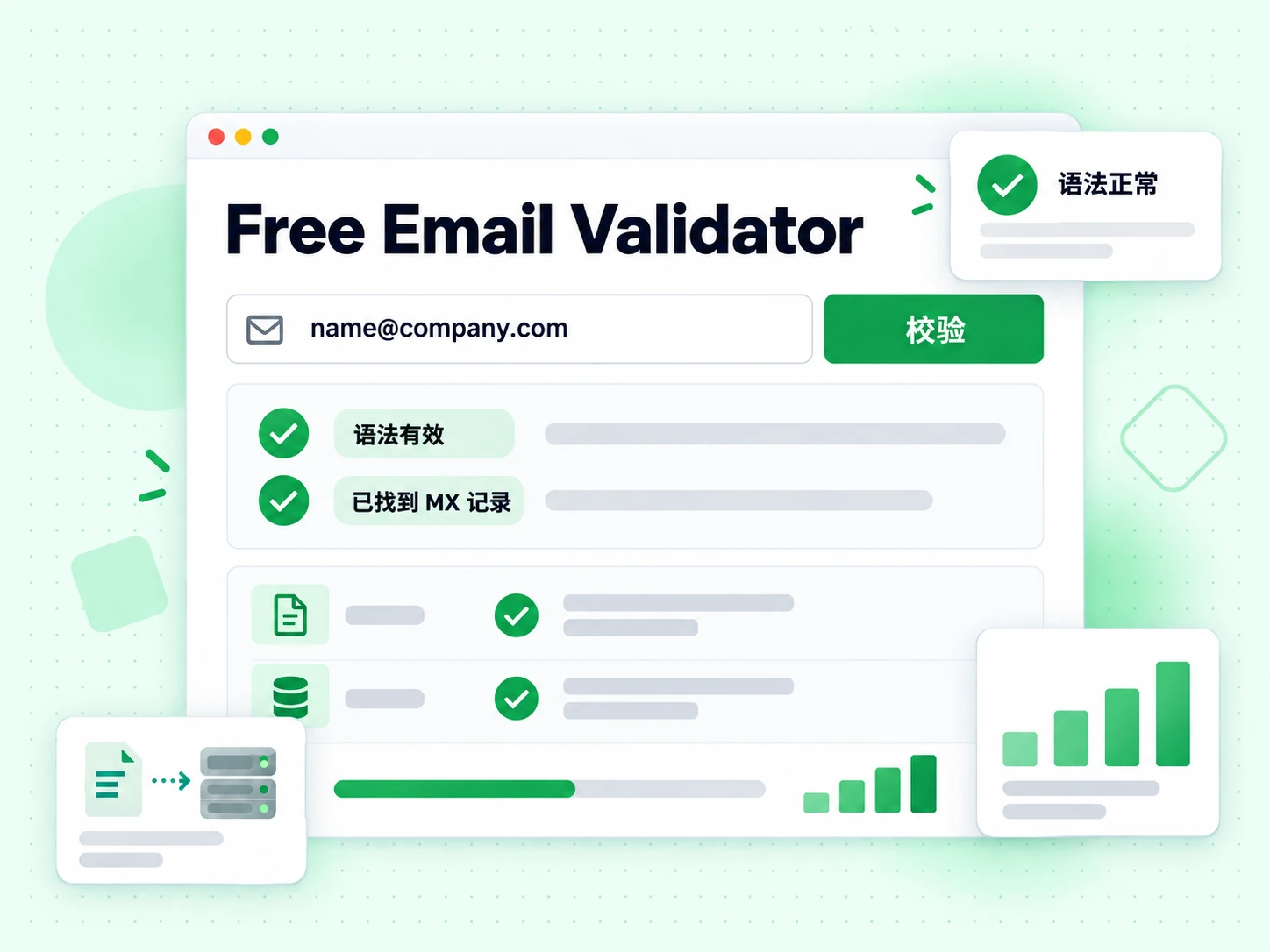 Free Email Validator 表单填入邮箱、点击校验后，显示语法有效结果与已找到 MX 记录标签