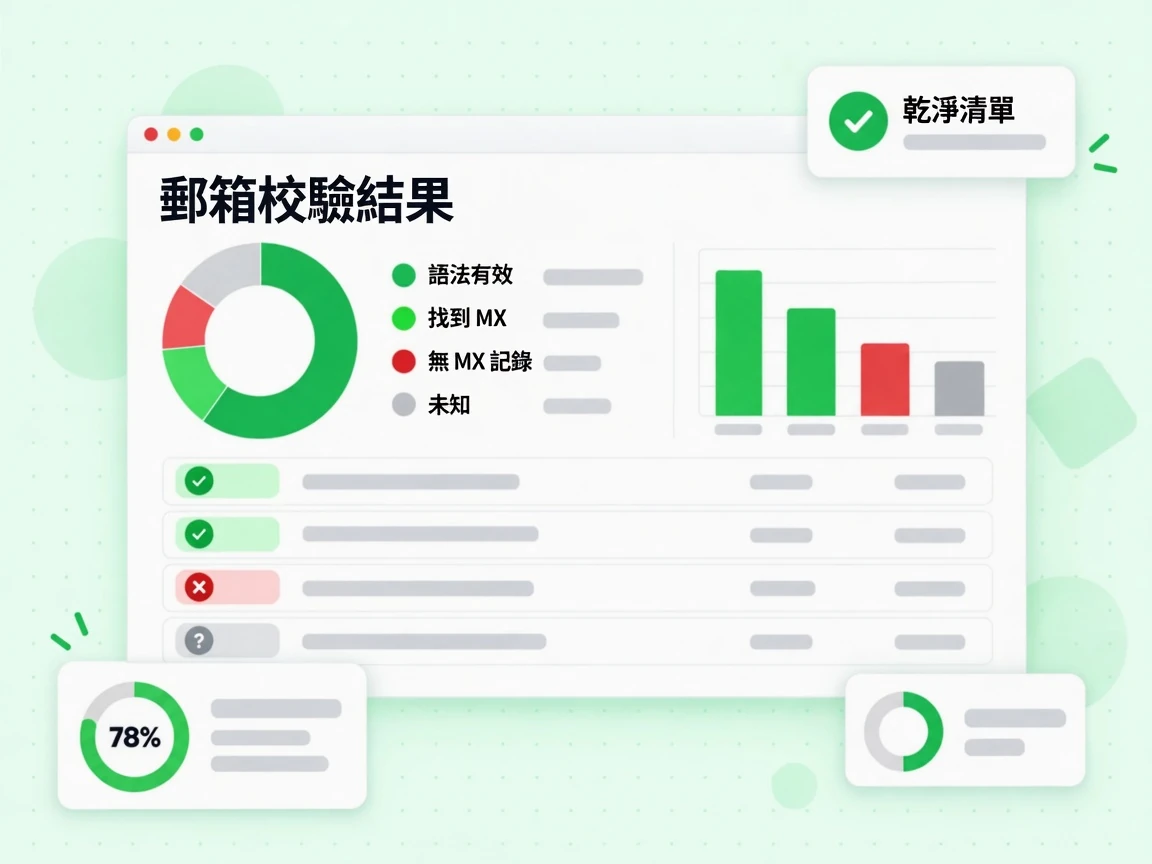 郵箱校驗結果面板列出語法有效、找到 MX、無 MX 記錄與未知狀態，並附乾淨清單