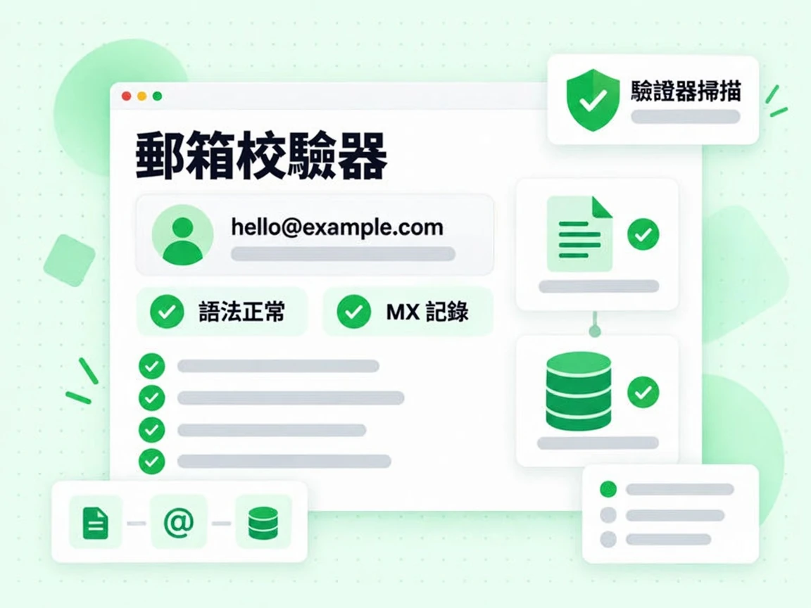 郵箱校驗器顯示一個郵箱地址，旁邊標示語法正常與 MX 記錄檢查，正在進行驗證器掃描