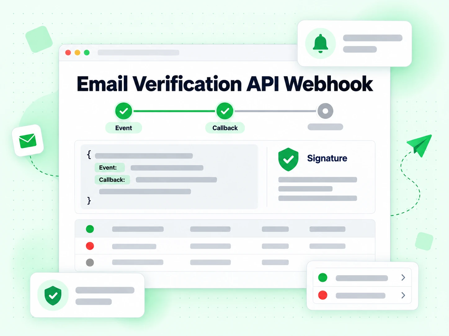 Email Verification API Webhook delivering a signed callback event with a signature badge