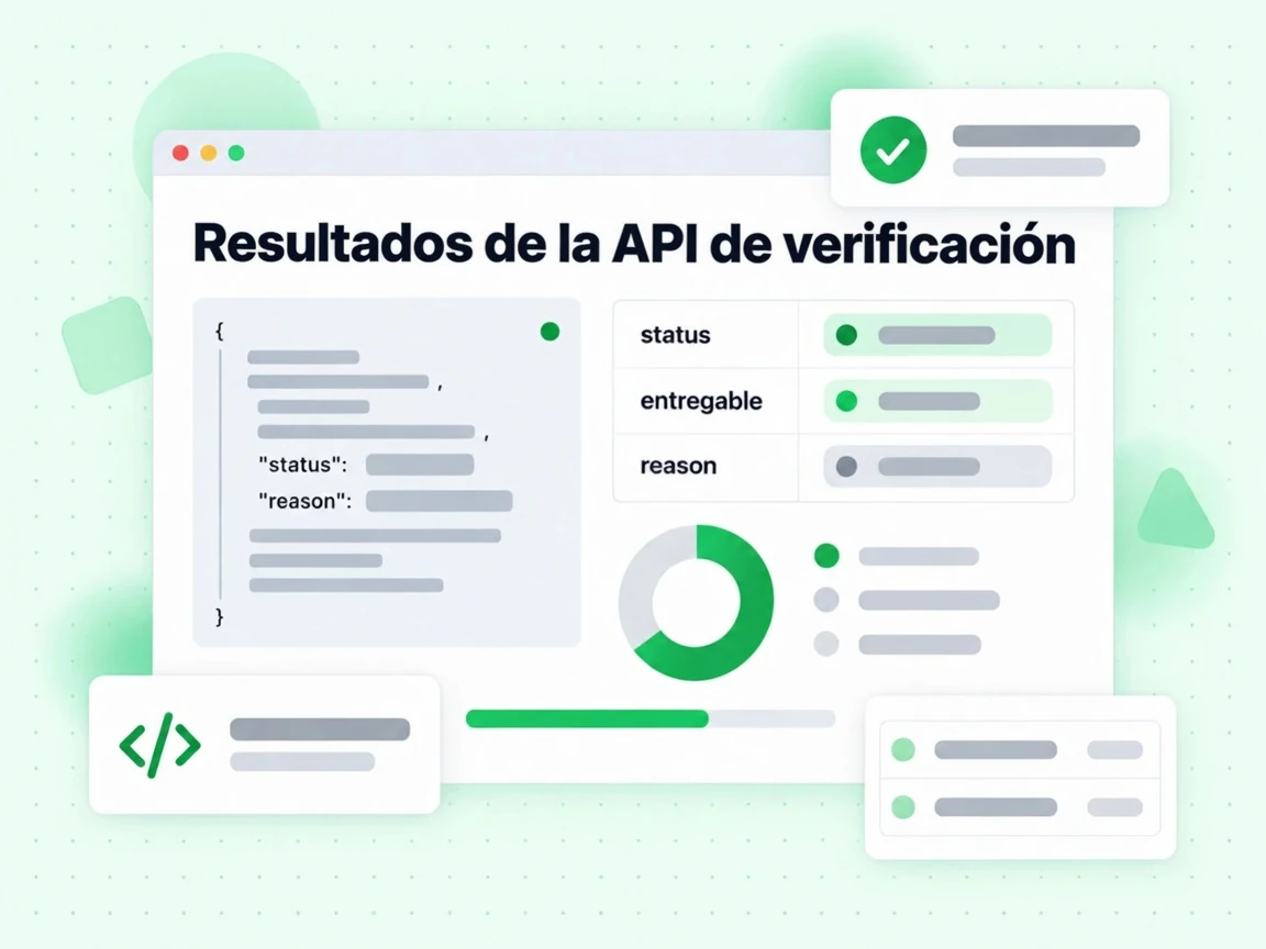 Resultados de la API de verificación muestran los campos status, entregable y reason en una respuesta JSON