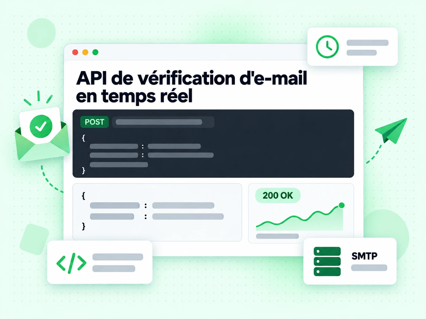 API de vérification d'e-mail en temps réel : interface avec POST, 200 OK, SMTP, {%C|*, :s;9egp3&q+