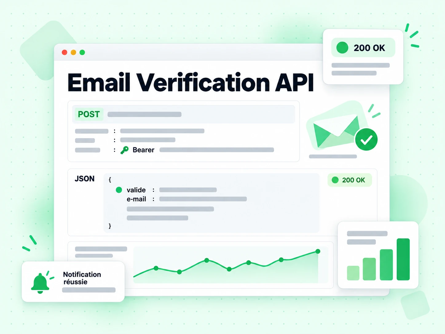 Email Verification API : interface avec POST, 200 OK, JSON, Bearer, 6K3['+-)(~Zέ{