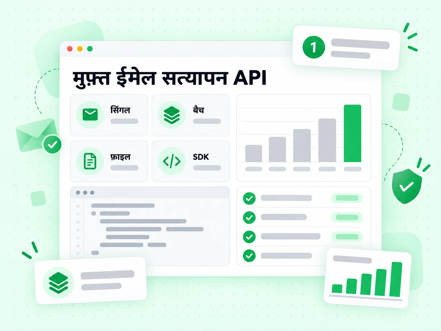 मुफ़्त ईमेल सत्यापन API मोड कार्ड सिंगल, बैच, फ़ाइल और SDK इंटीग्रेशन के लिए