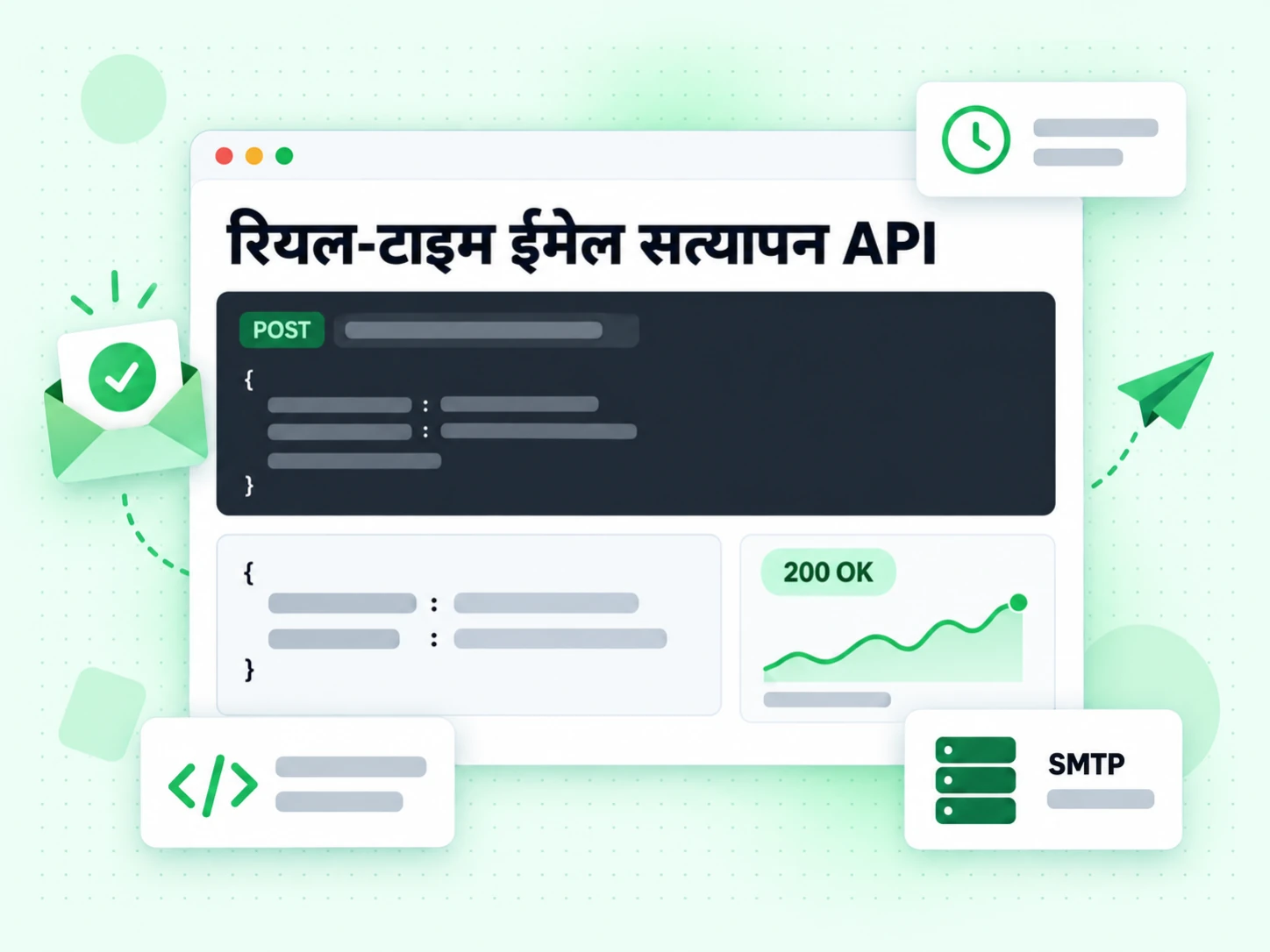 रियल-टाइम ईमेल सत्यापन API SMTP जाँच के बाद 200 OK जवाब देता है