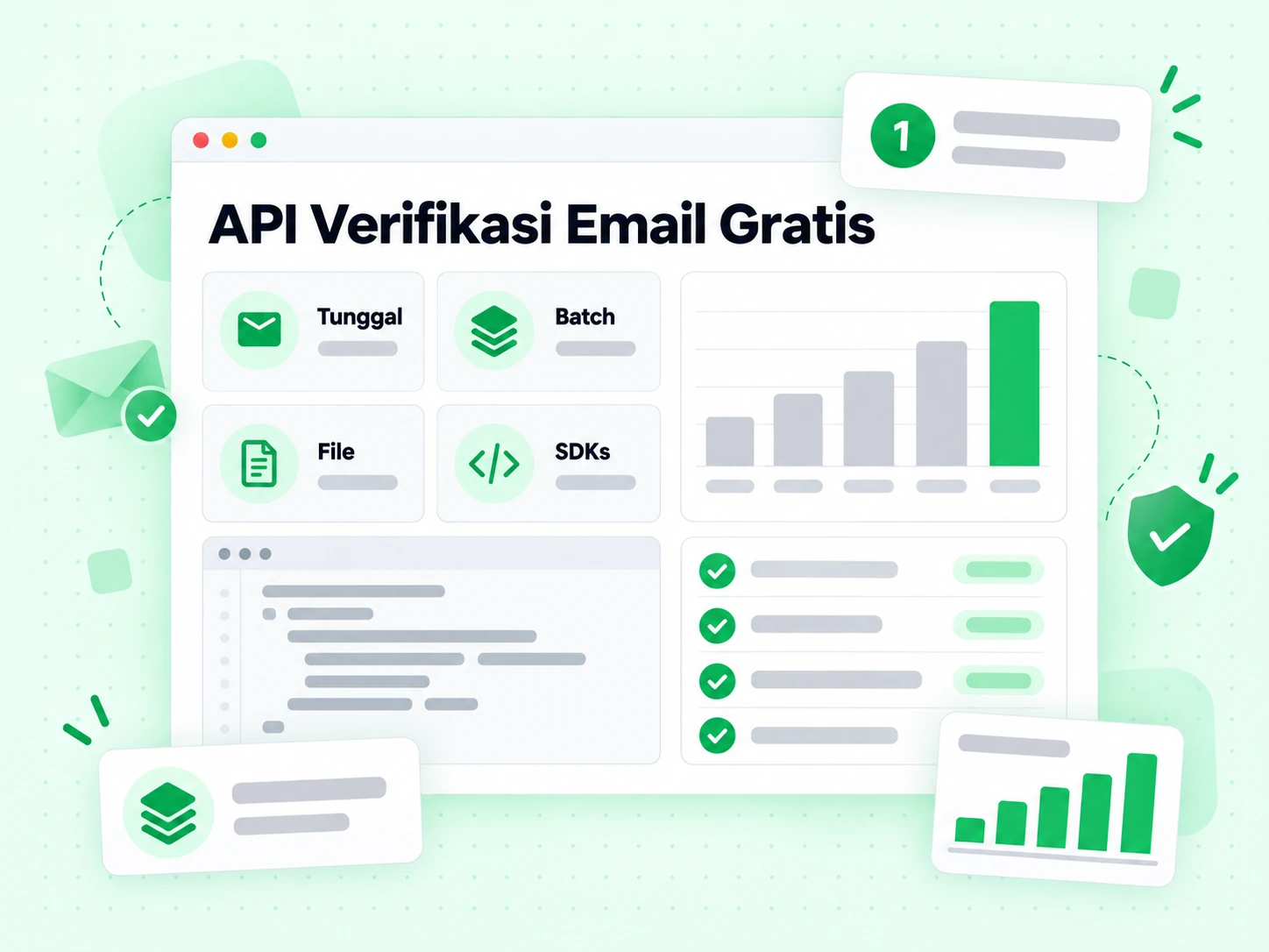 API Verifikasi Email Gratis: kartu mode untuk integrasi single, batch, file dan SDK