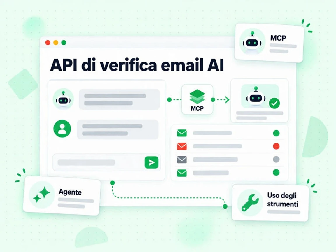 API di verifica email AI: pannello chat dell'agente, card tool-call e diagramma verso un nodo MCP