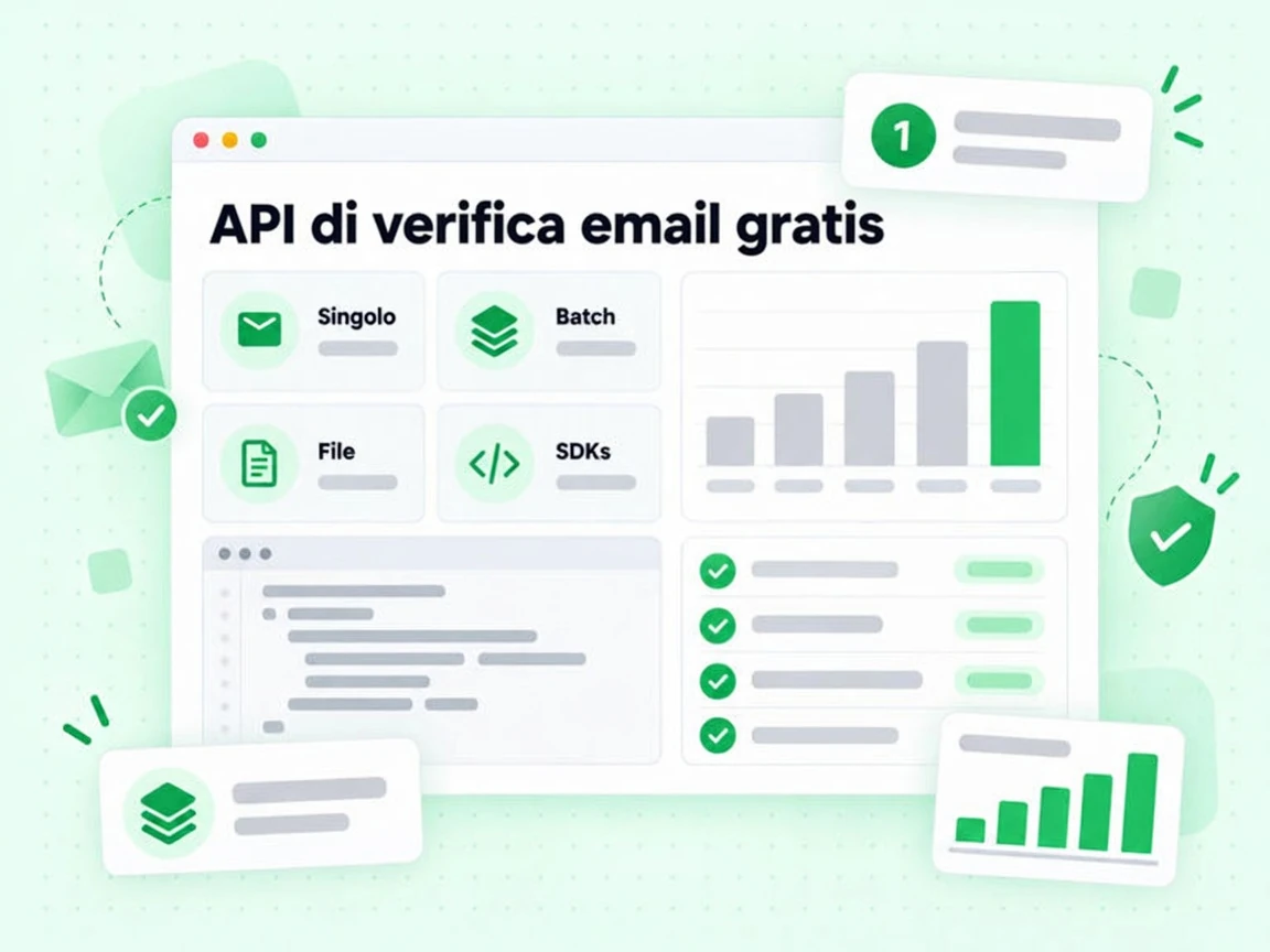 API di verifica email gratis: griglia di modalità Singolo, Batch, File e SDKs con grafico di utilizzo