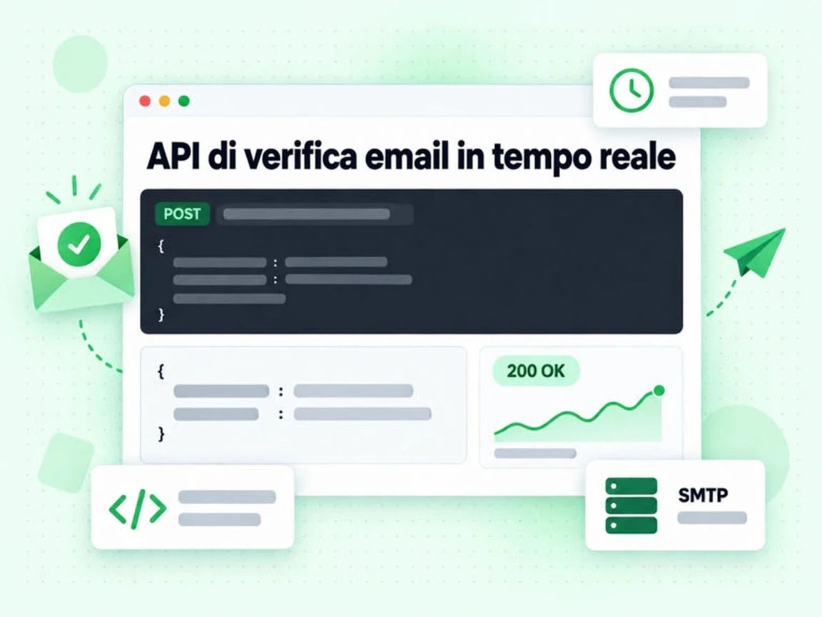 API di verifica email in tempo reale: pannello codice con riga POST, pill di stato e sparkline di latenza