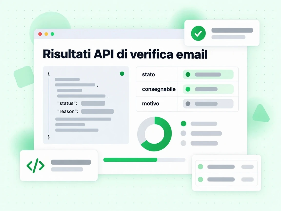 Risultati API di verifica email: blocco JSON e tabella con stato, consegnabile e motivo