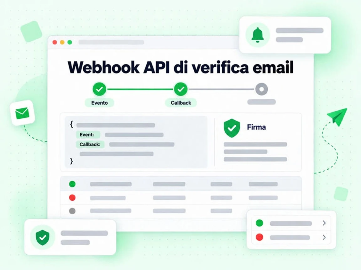 Webhook API di verifica email: timeline eventi, payload firmato e badge di firma con log eventi