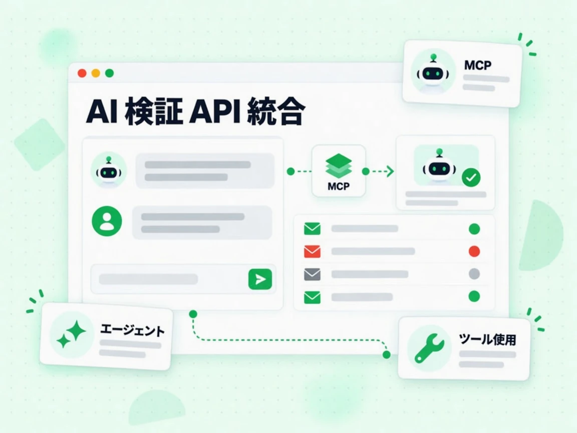 AI 検証 API 統合はエージェントが MCP ノード経由で認証ツールを呼び出す様子を示す