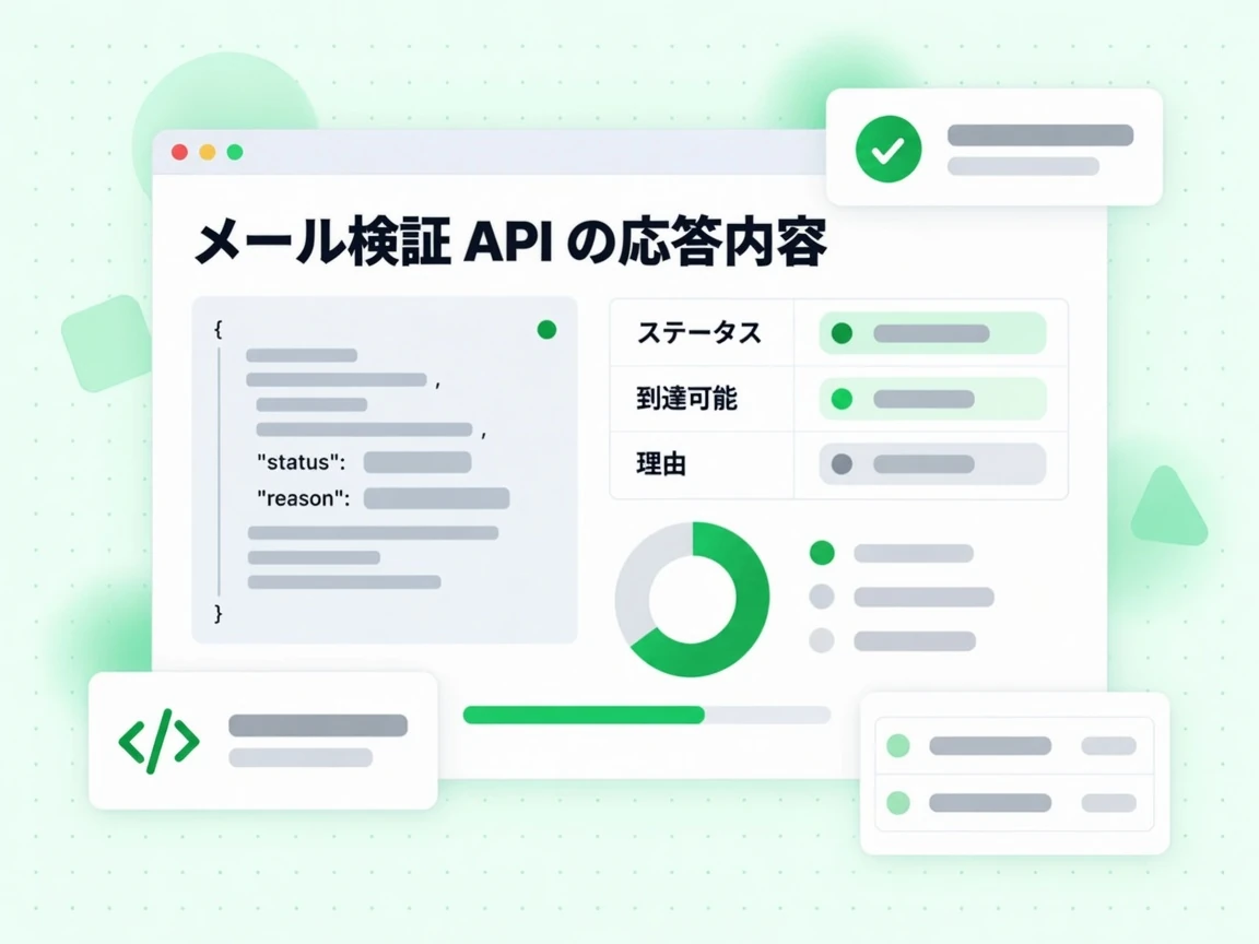 メール検証 API の応答内容は JSON でステータス、到達可能、理由の 3 項目を示す