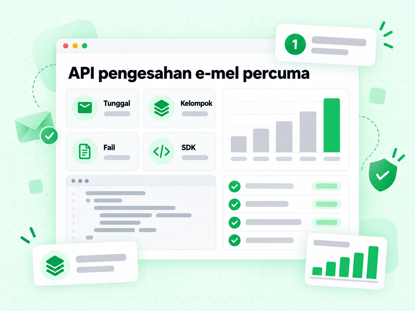 Kad mod API pengesahan e-mel percuma untuk integrasi Tunggal, Kelompok, Fail dan SDK