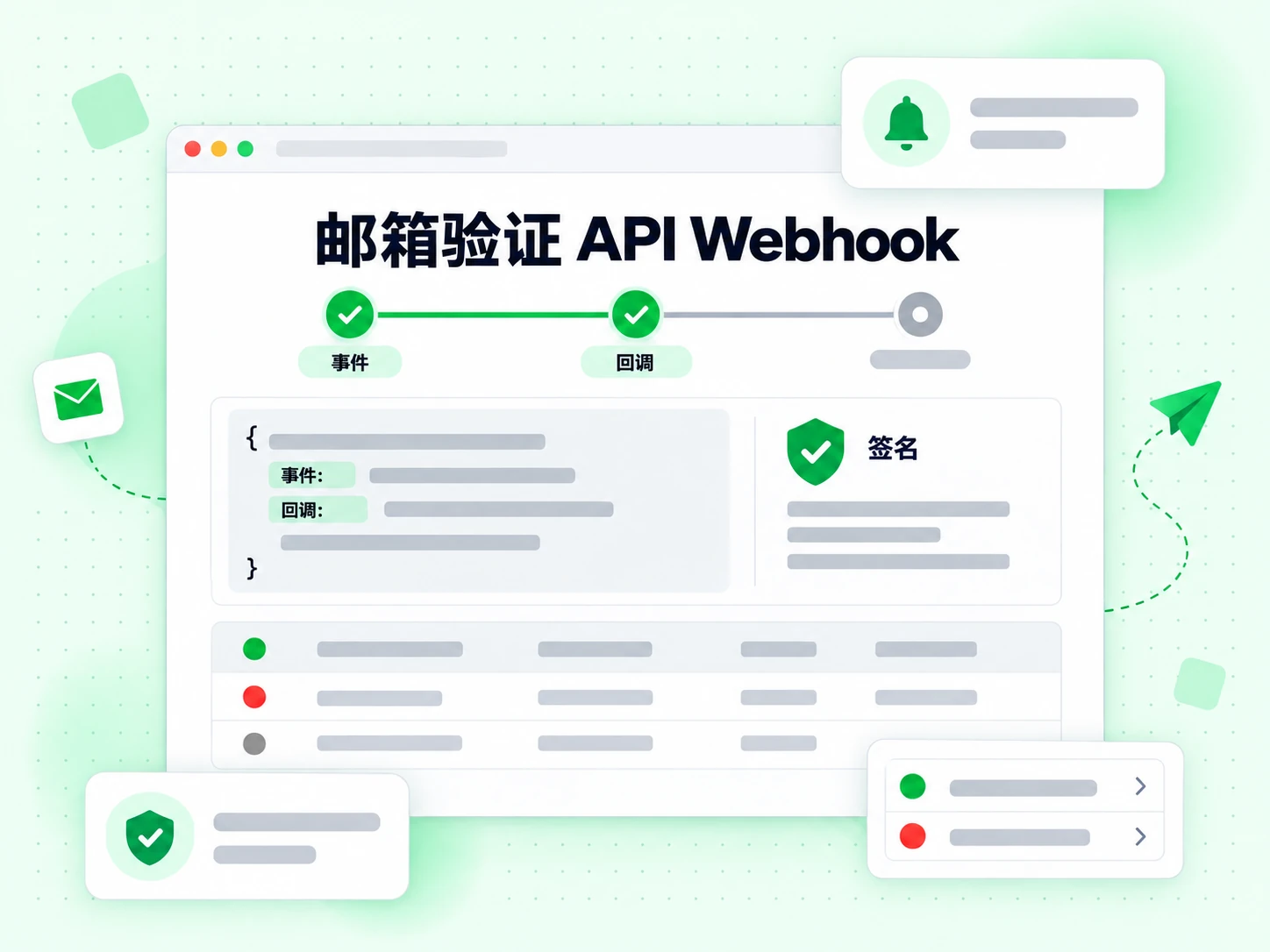 邮箱验证 API Webhook 投递已签名的回调事件，并带签名徽章。
