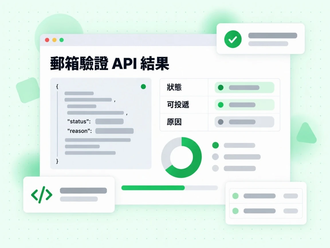 郵箱驗證 API 結果以 JSON 區塊列出狀態、可投遞與原因，並附環形圖。