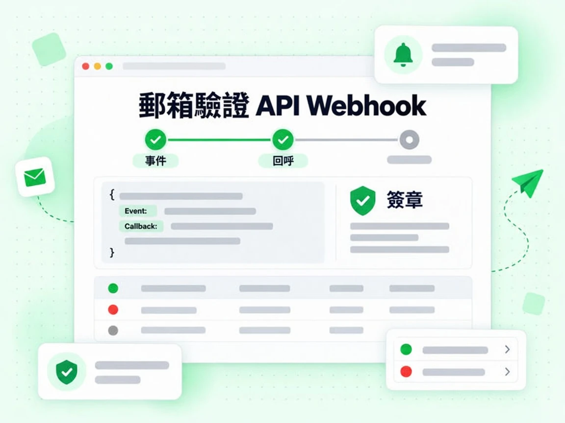 郵箱驗證 API Webhook 以時間軸送出回呼事件，並標示簽章徽章。