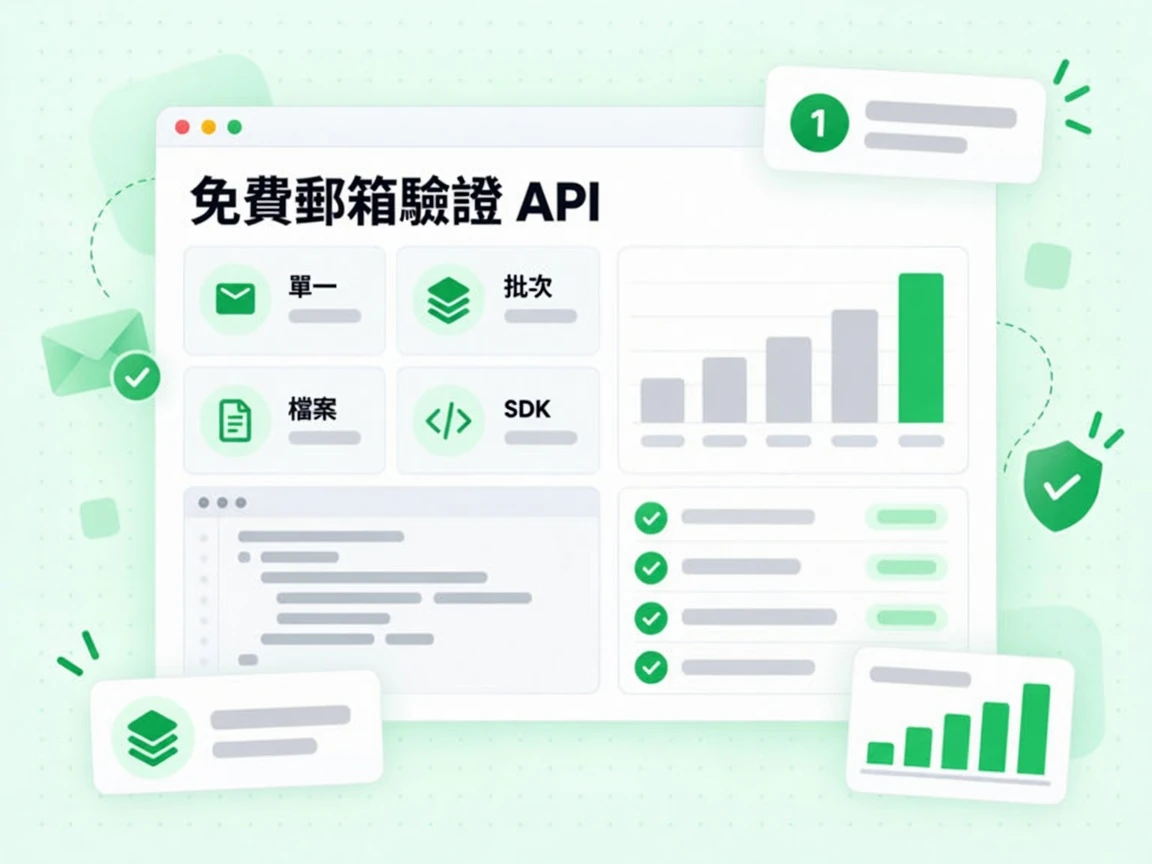 免費郵箱驗證 API 模式卡片涵蓋單一、批次、檔案與 SDK 四種串接方式