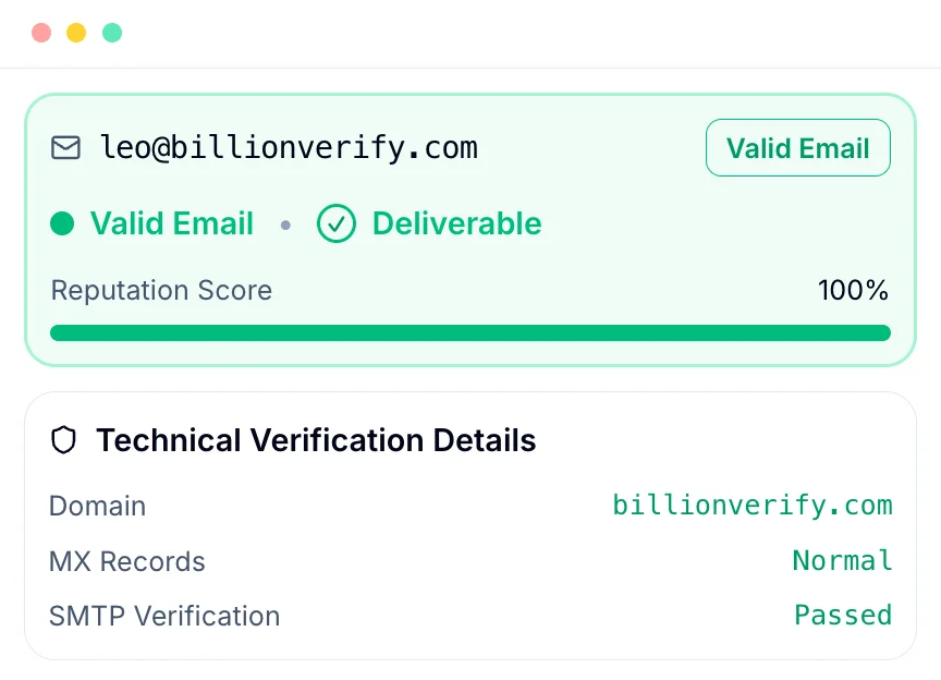 BillionVerify single email verification result showing valid status, deliverable flag, reputation score, and SMTP check details