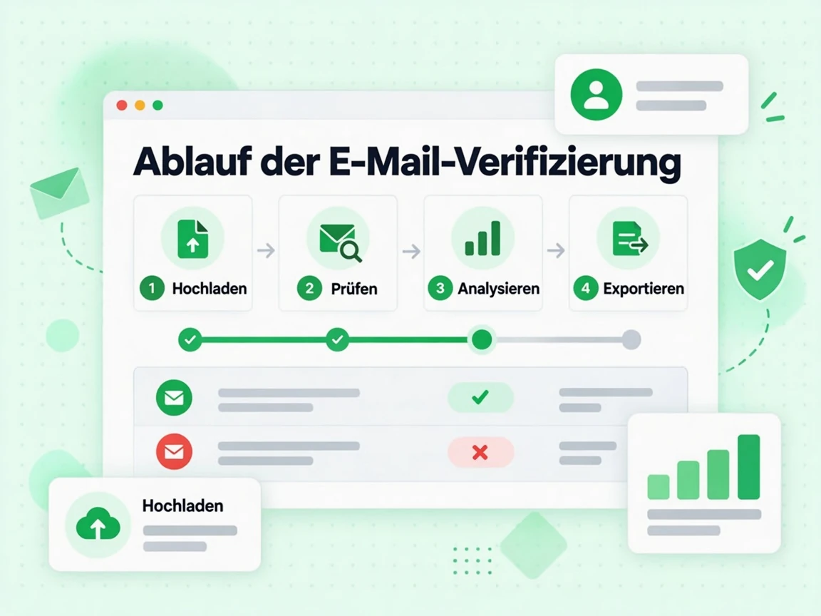 Ablauf der E-Mail-Verifizierung von Hochladen über Prüfen und Analysieren bis zum Export