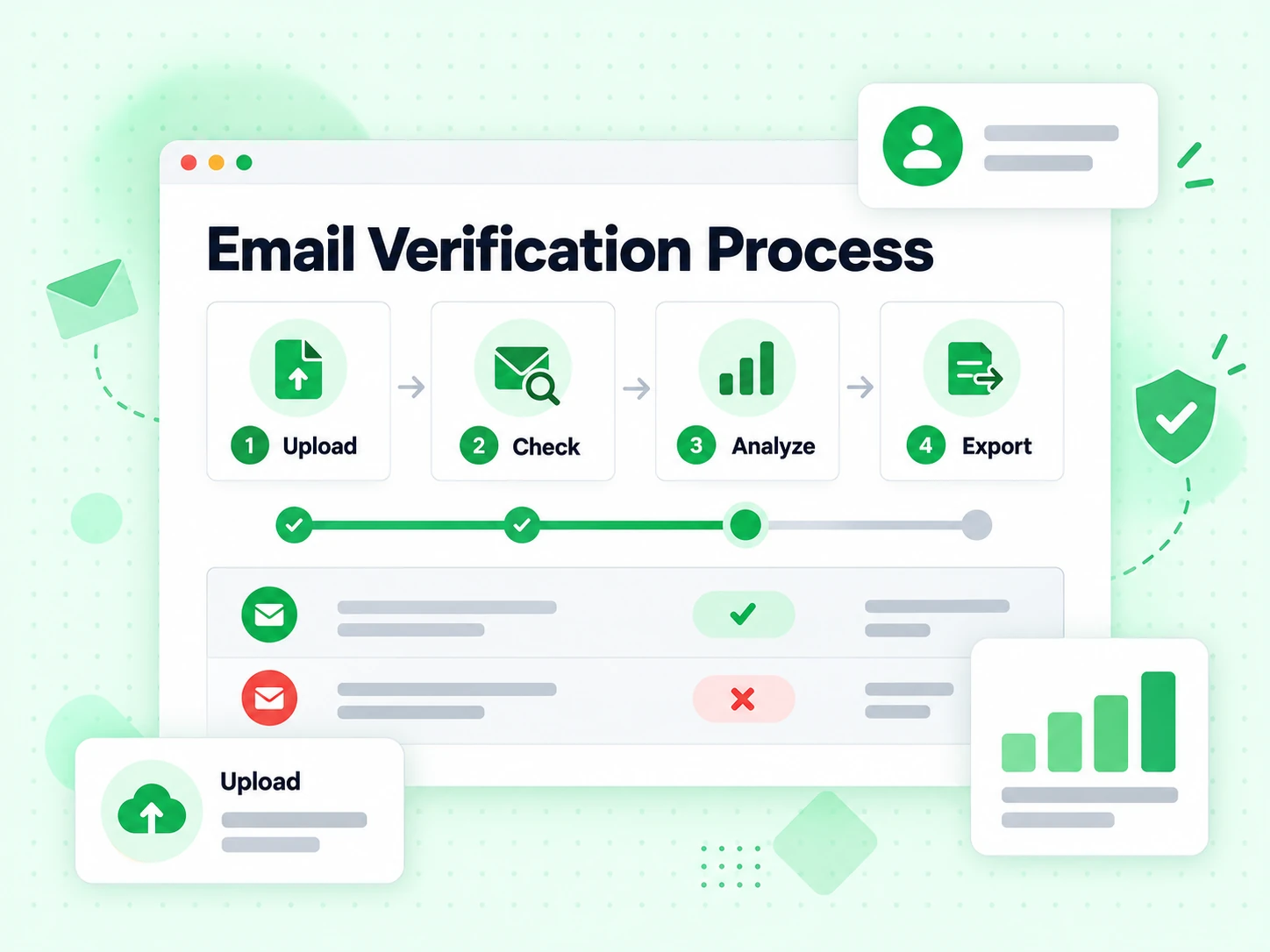 Email Verification Process flow from upload through check, analysis and export