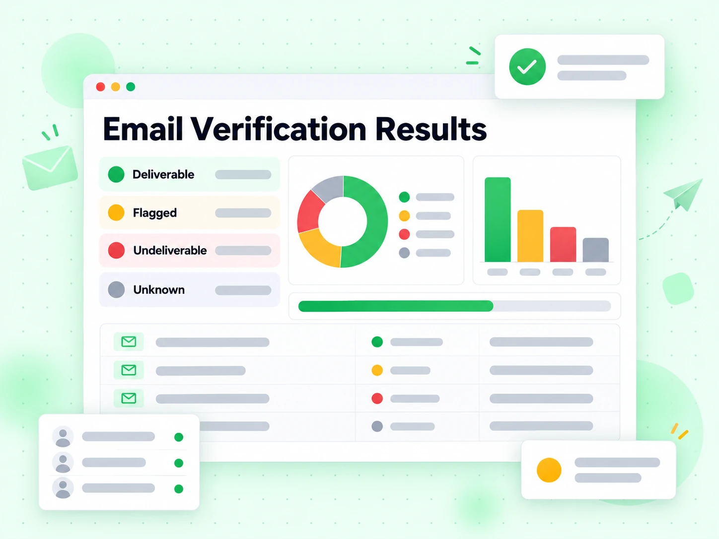 Email Verification Results panel splitting deliverable, flagged, undeliverable and unknown outcomes