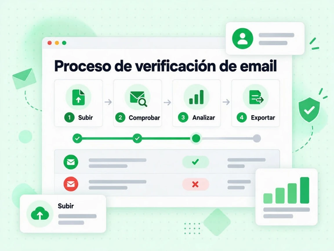Proceso de verificación de email desde Subir hasta Comprobar, Analizar y Exportar