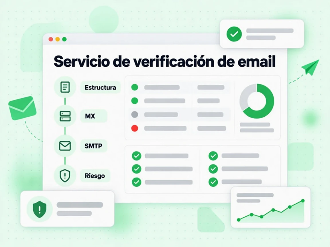 Servicio de verificación de email en un pipeline que ejecuta las capas de Estructura, MX, SMTP y Riesgo