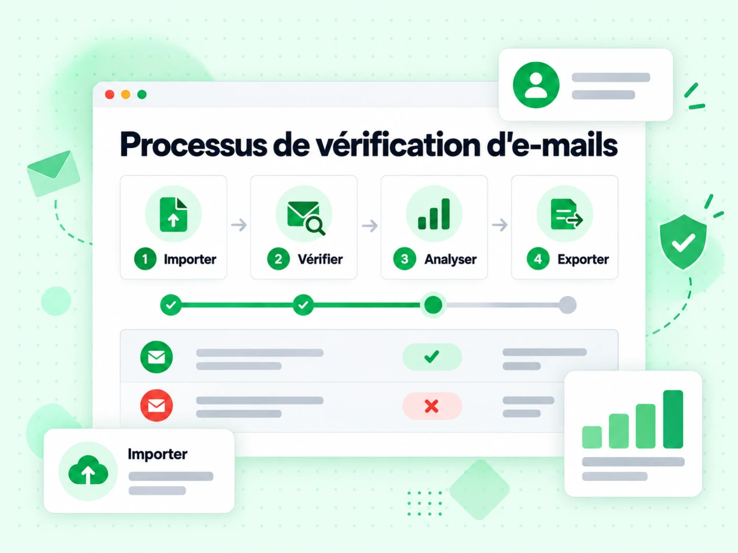 Processus de vérification d'e-mails : interface avec Importer, Vérifier, Analyser, Exporter, ,]1'9Ͱy*