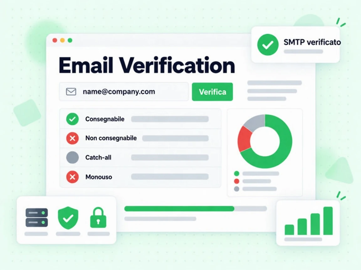 Email Verification: campo email con pulsante Verifica, tabella risultati a quattro righe e ciambella verde/rossa
