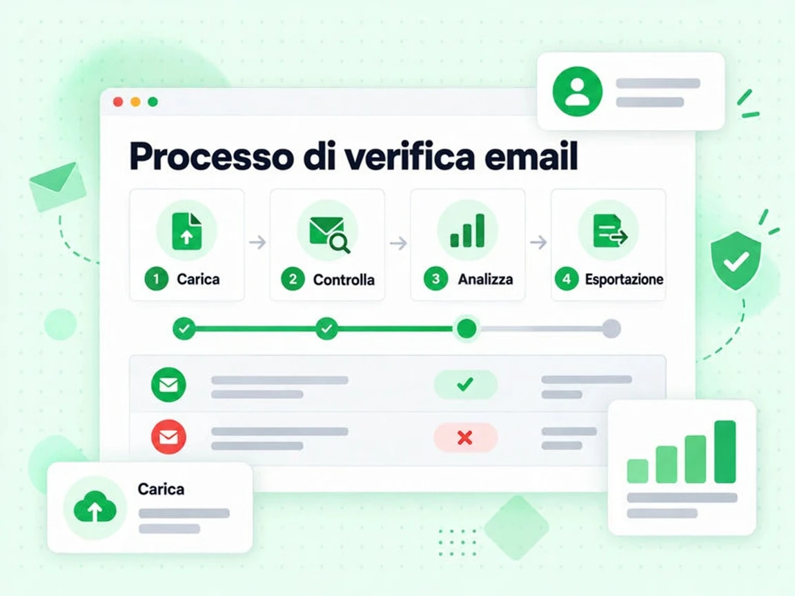 Processo di verifica email: quattro card numerate Carica, Controlla, Analizza ed Esportazione con frecce