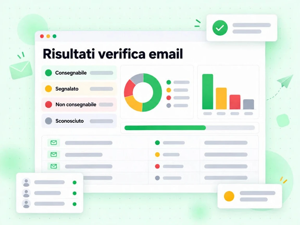 Risultati verifica email: righe Consegnabile, Segnalato, Non consegnabile e Sconosciuto con ciambella riassuntiva
