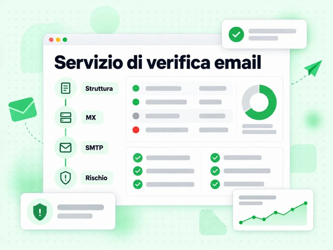 Servizio di verifica email: pipeline verticale a quattro nodi Struttura, MX, SMTP e Rischio