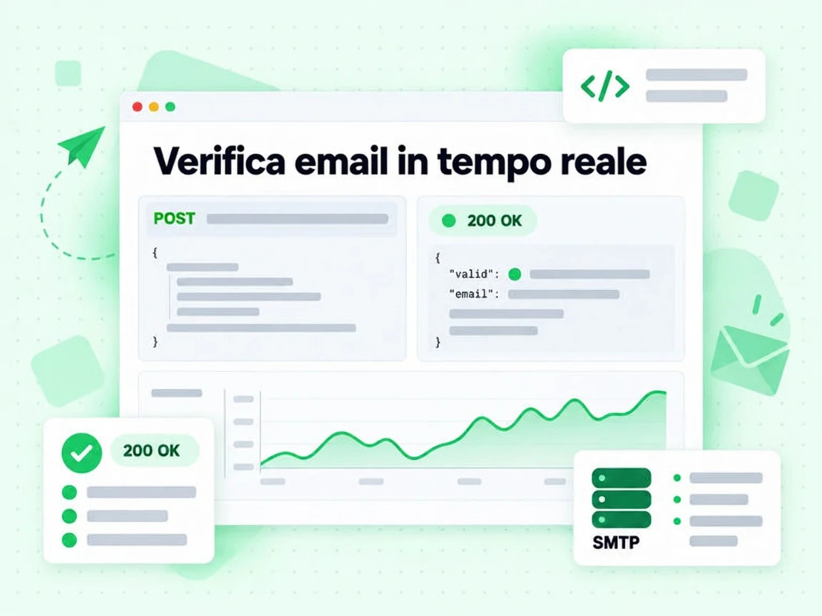 Verifica email in tempo reale: pannello richiesta con riga POST, risposta JSON e grafico di latenza